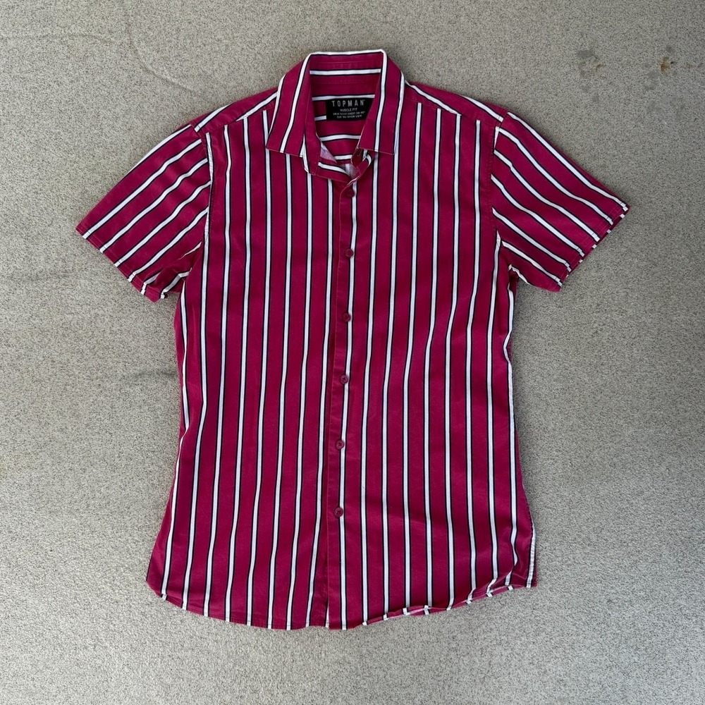 Topman Muscle Fit Mens Medium Shirt - Pink Striped Button Down